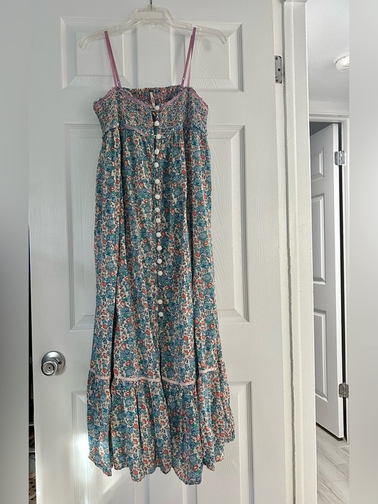 Free People Dresses & Skirts - Free People Teal and Pink Floral Midi Dress with Button Front